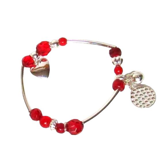 Avon Women’s Stretch Bracelet, Silver, Heart Charm, Red Acrylic Beads 8 Inches - Picture 1 of 2